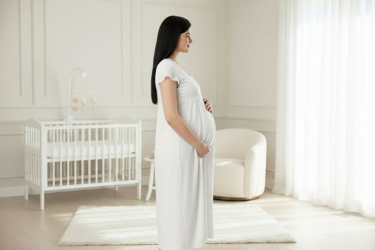 White maternity nightdress by Mini Plum – short-sleeve bump-friendly fit, side view