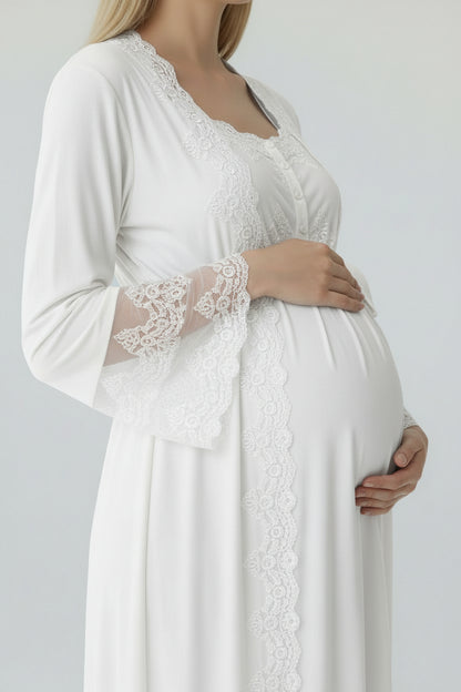 White maternity nightdress by Mini Plum – close-up of lace detail, soft cotton-modal fabric