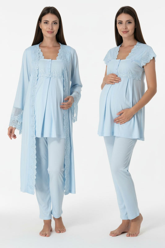 Blue pyjama & robe set by Mini Plum – long-sleeve nursing nightwear with square neck, breastfeeding-friendly, hospital bag ready