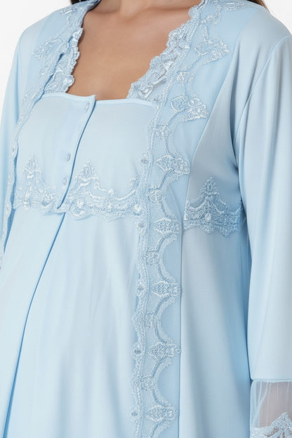 Blue pyjama & robe set by Mini Plum – lace detail and square neck, maternity & nursing