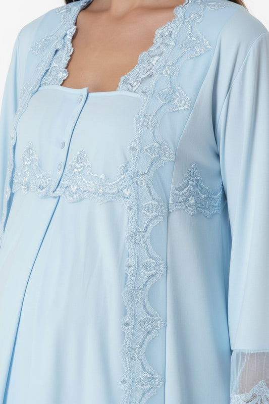 Blue pyjama & robe set by Mini Plum – lace detail and square neck, maternity & nursing
