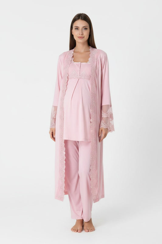 Pink pyjama & robe set by Mini Plum – long-sleeve nursing nightwear with square neck, breastfeeding-friendly, hospital bag ready