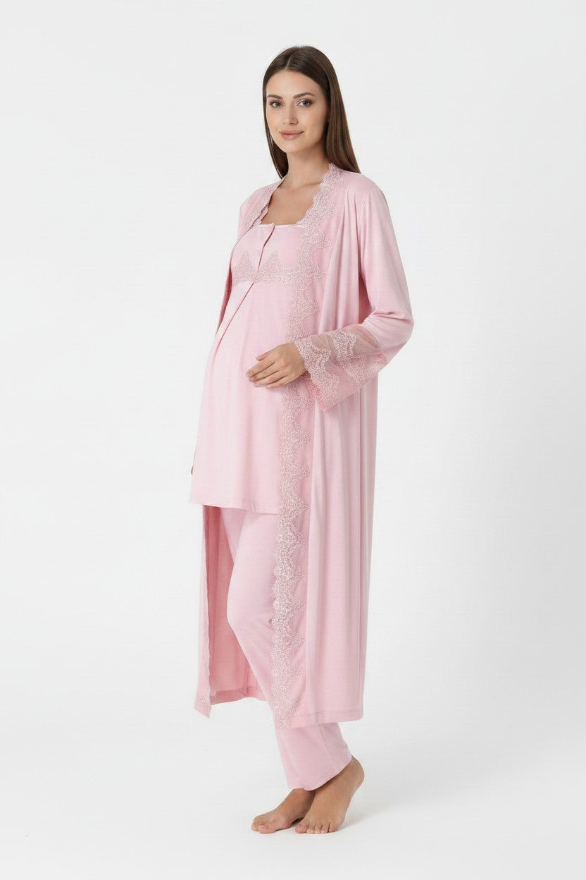 Pink pyjama & robe set by Mini Plum – lace detail and square neck, maternity & nursing