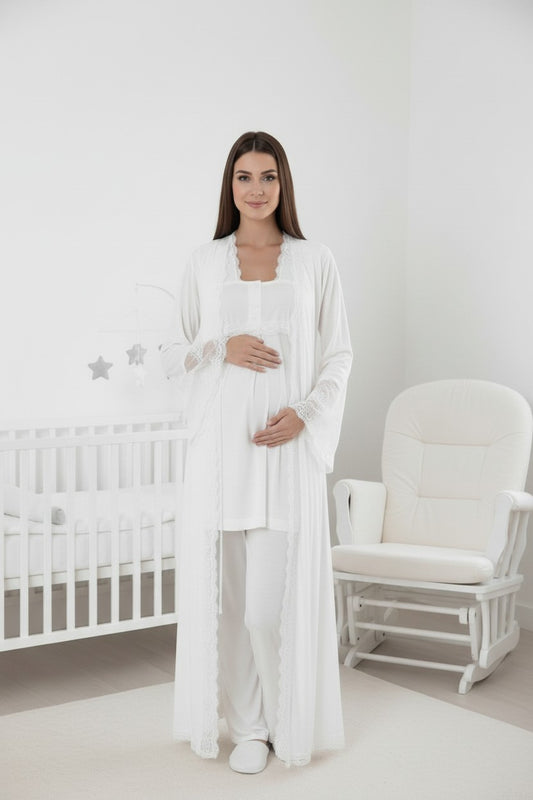 White pyjama & robe set by Mini Plum – long-sleeve nursing nightwear with square neck, breastfeeding-friendly, hospital bag ready
