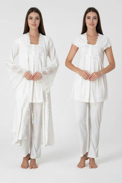 White pyjama & robe set by Mini Plum – long-sleeve bump-friendly fit, side view