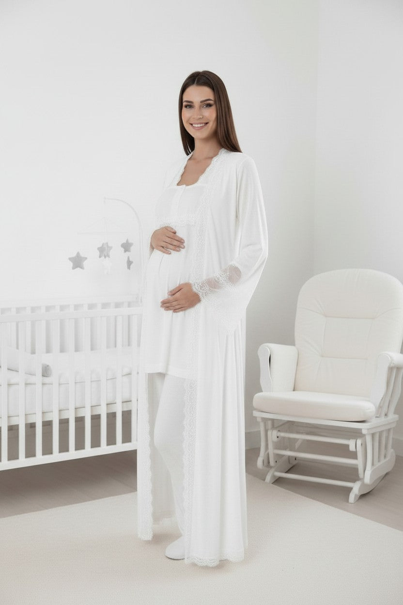 White pyjama & robe set by Mini Plum – close-up of lace detail, soft cotton-modal fabric