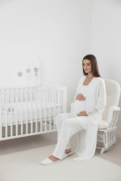 White pyjama & robe set by Mini Plum – square neck pyjama & robe set for pregnancy & postpartum, machine washable