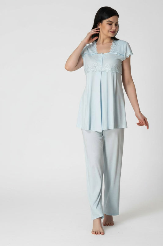 Blue maternity pyjamas by Mini Plum – lace detail and square neck, maternity & nursing