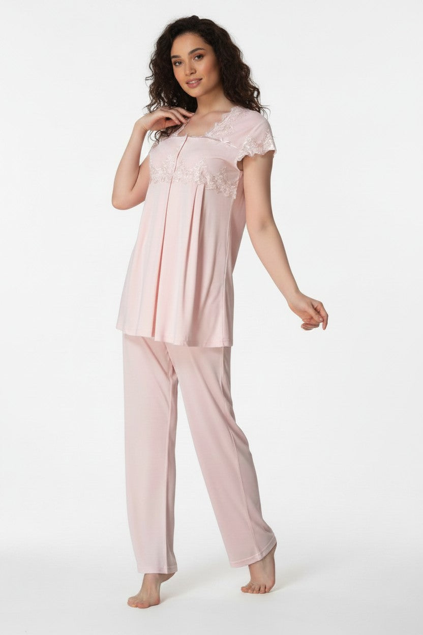 Pink maternity pyjamas by Mini Plum – short-sleeve nursing nightwear with square neck, breastfeeding-friendly, hospital bag ready