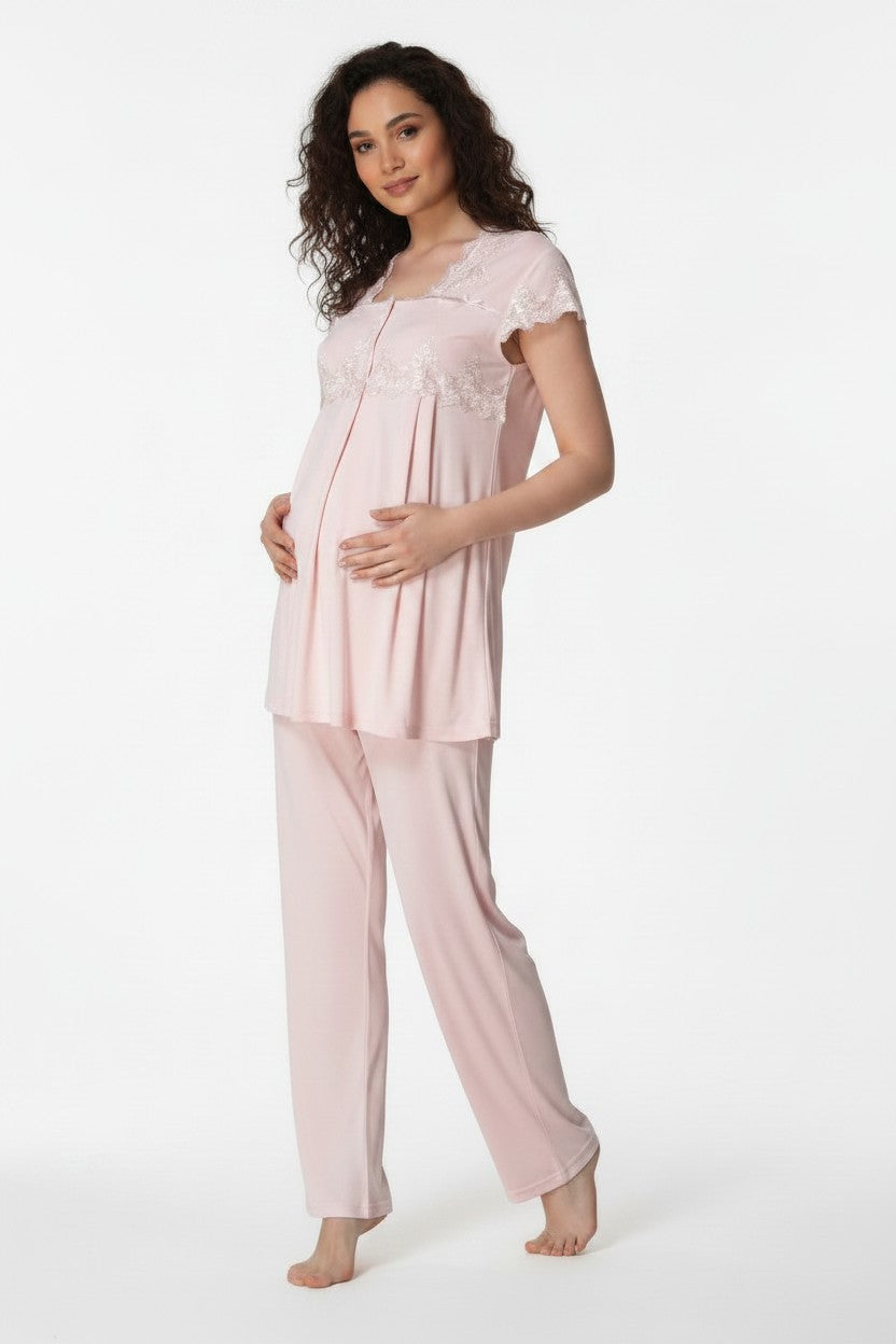 Pink maternity pyjamas by Mini Plum – lace detail and square neck, maternity & nursing