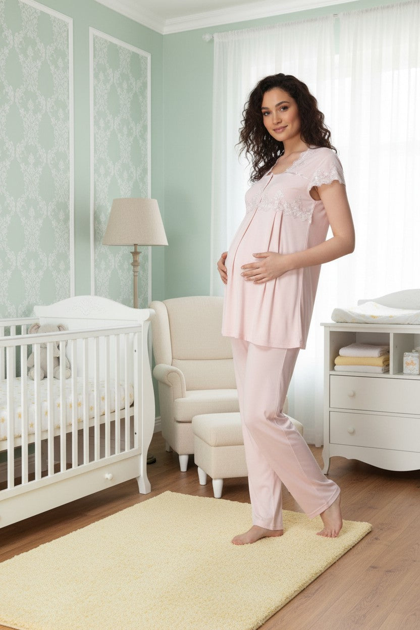 Pink maternity pyjamas by Mini Plum – short-sleeve with button-front nursing opening, side view