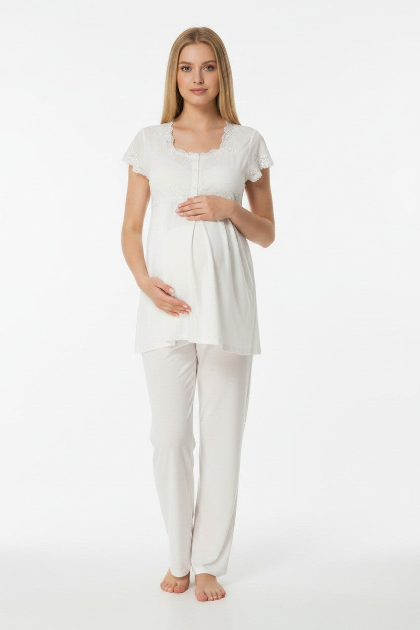 White maternity pyjamas by Mini Plum – short-sleeve nursing nightwear with square neck, breastfeeding-friendly, hospital bag ready