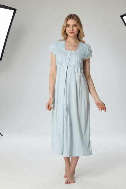 Blue maternity nightdress by Mini Plum – short-sleeve nursing nightwear with square neck, breastfeeding-friendly, hospital bag ready