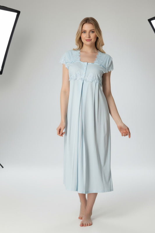 Blue maternity nightdress by Mini Plum – short-sleeve nursing nightwear with square neck, breastfeeding-friendly, hospital bag ready
