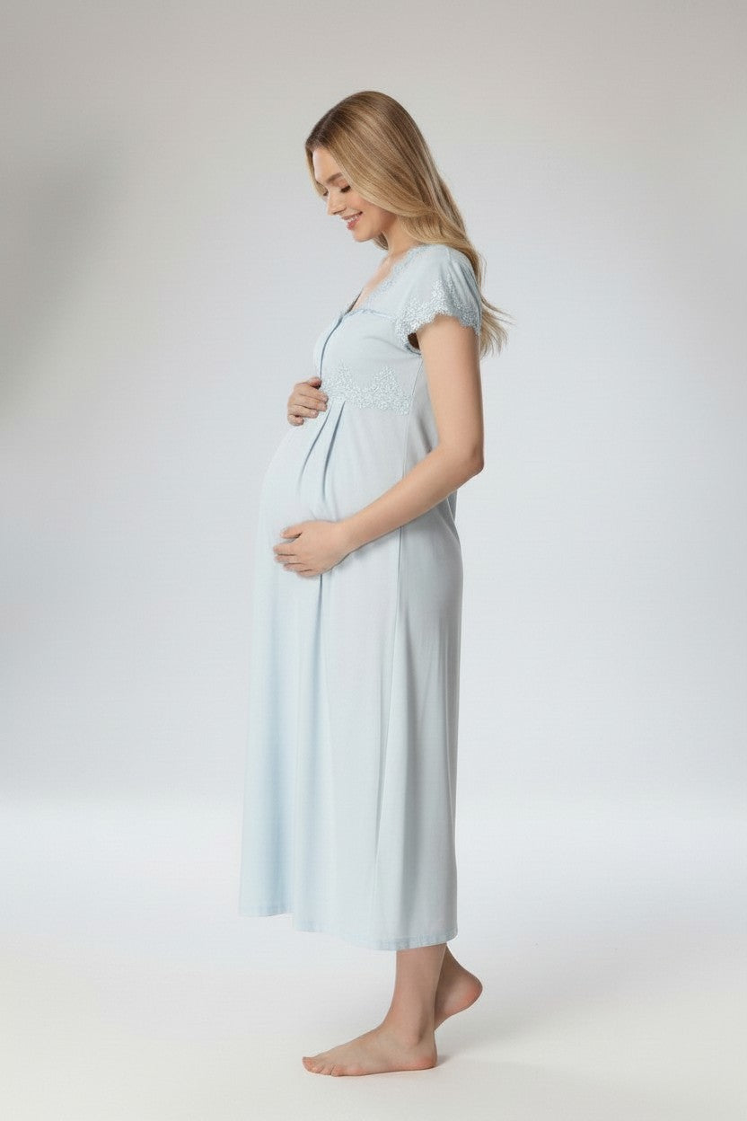 Blue maternity nightdress by Mini Plum – lace detail and square neck, maternity & nursing