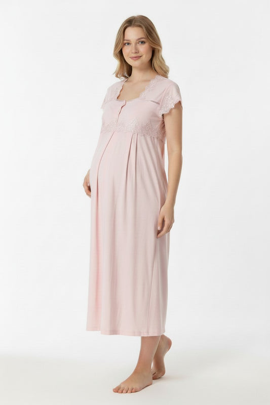 Pink maternity nightdress by Mini Plum – short-sleeve nursing nightwear with square neck, breastfeeding-friendly, hospital bag ready