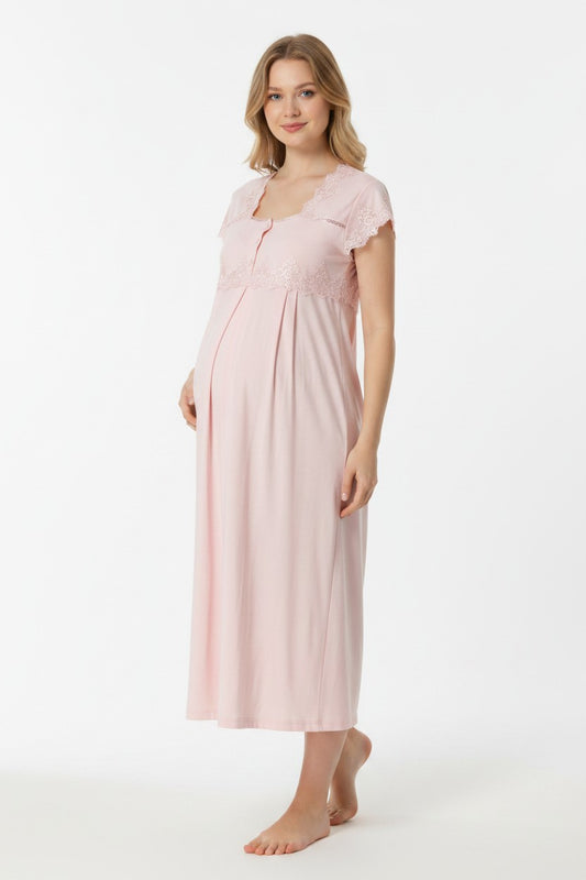 Pink maternity nightdress by Mini Plum – lace detail and square neck, maternity & nursing