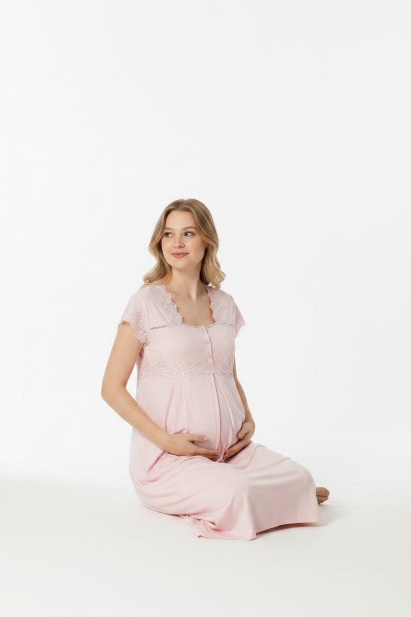 Pink maternity nightdress by Mini Plum – short-sleeve bump-friendly fit, side view