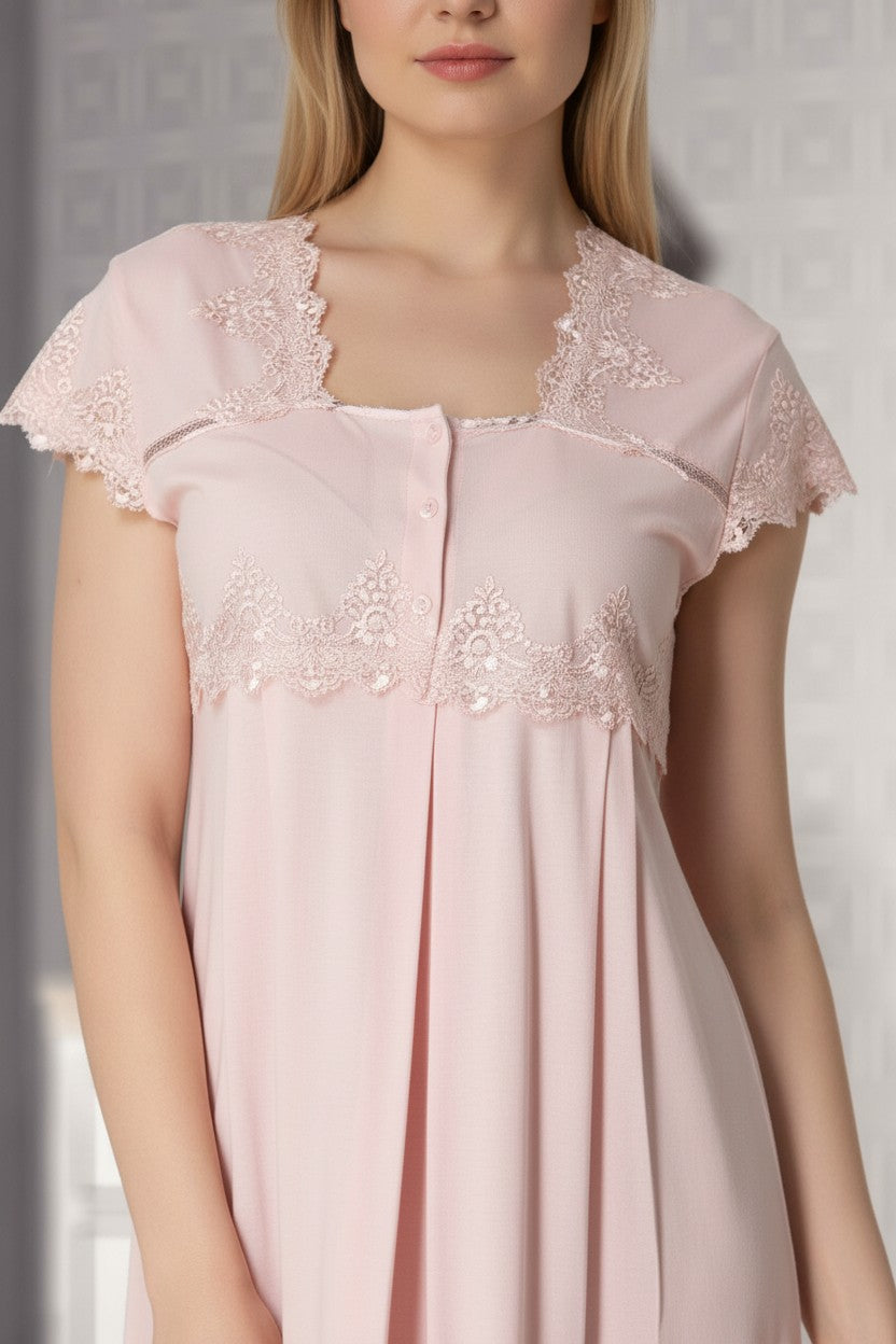 Pink maternity nightdress by Mini Plum – close-up of lace detail, soft cotton-modal fabric