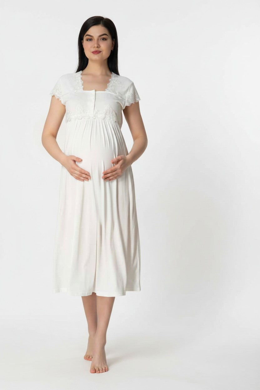 White maternity nightdress by Mini Plum – short-sleeve nursing nightwear with square neck, breastfeeding-friendly, hospital bag ready