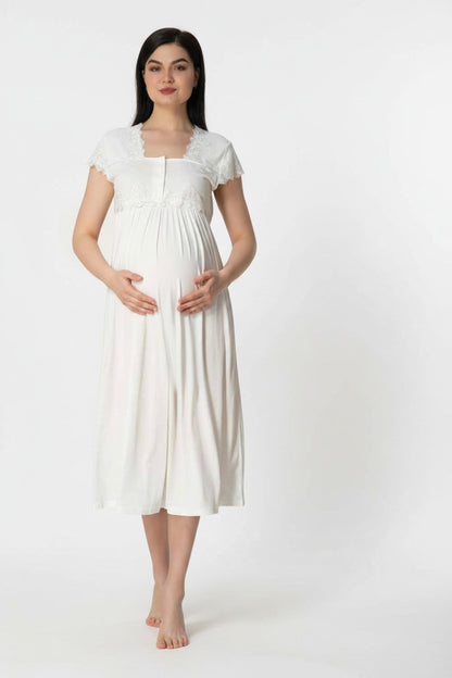 White maternity nightdress by Mini Plum – short-sleeve nursing nightwear with square neck, breastfeeding-friendly, hospital bag ready