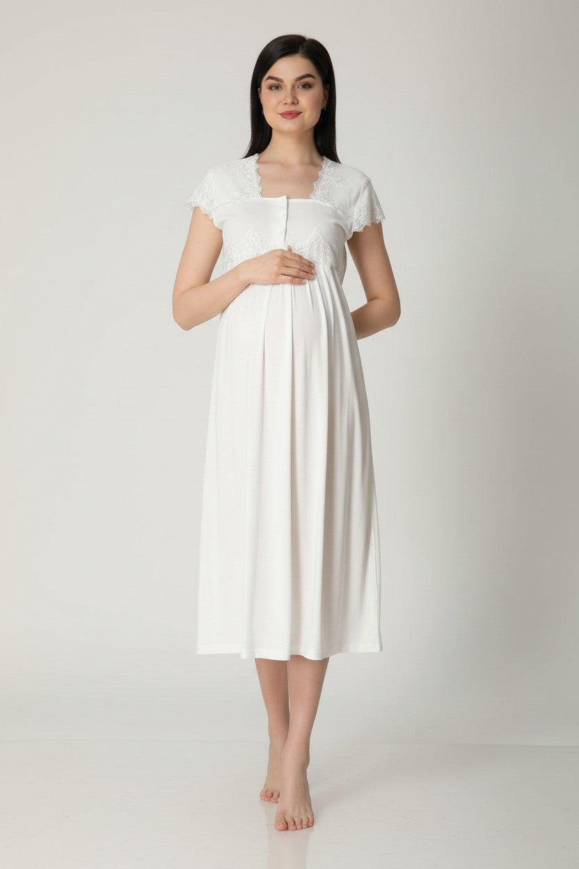 White maternity nightdress by Mini Plum – lace detail and square neck, maternity & nursing