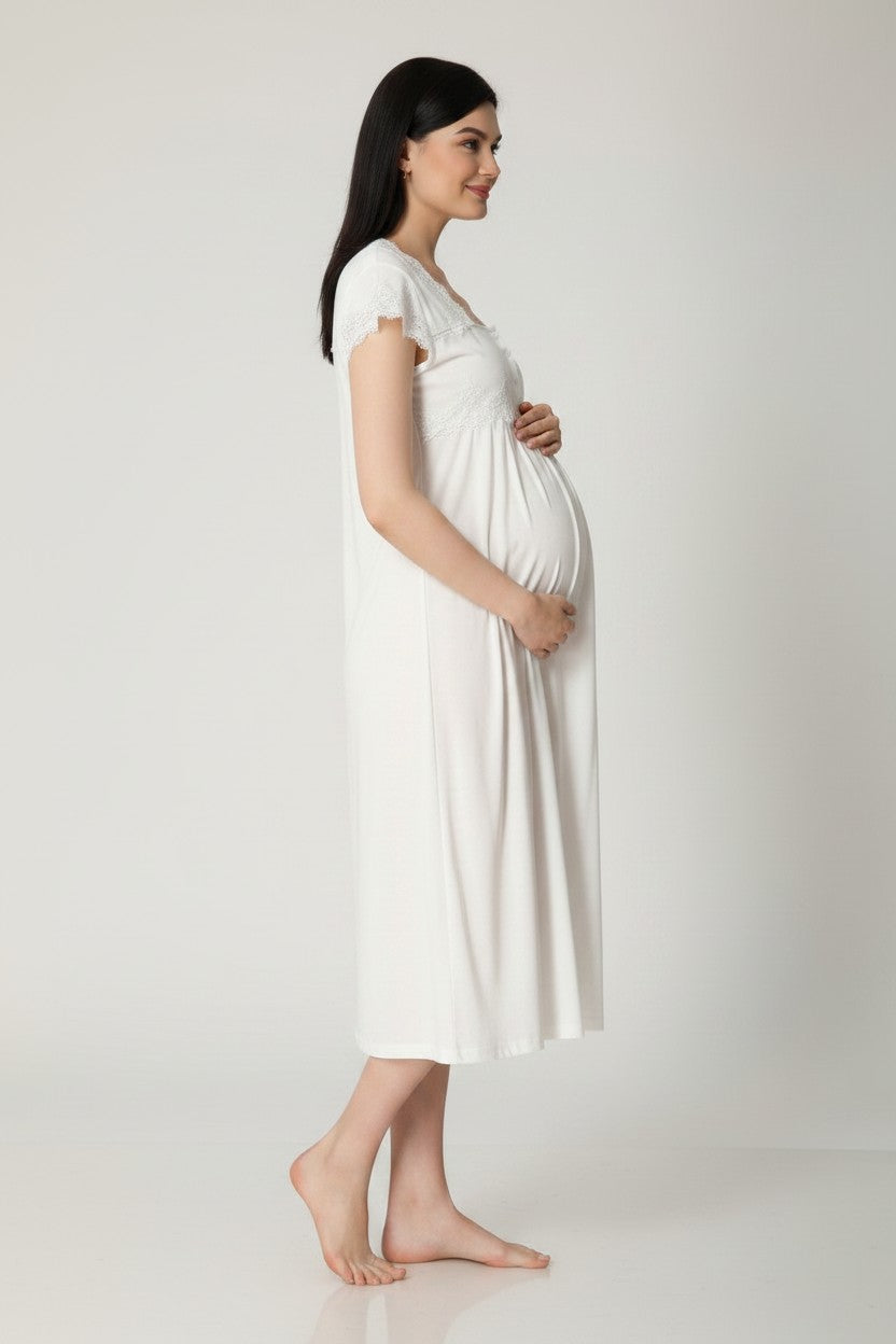 White maternity nightdress by Mini Plum – short-sleeve bump-friendly fit, side view