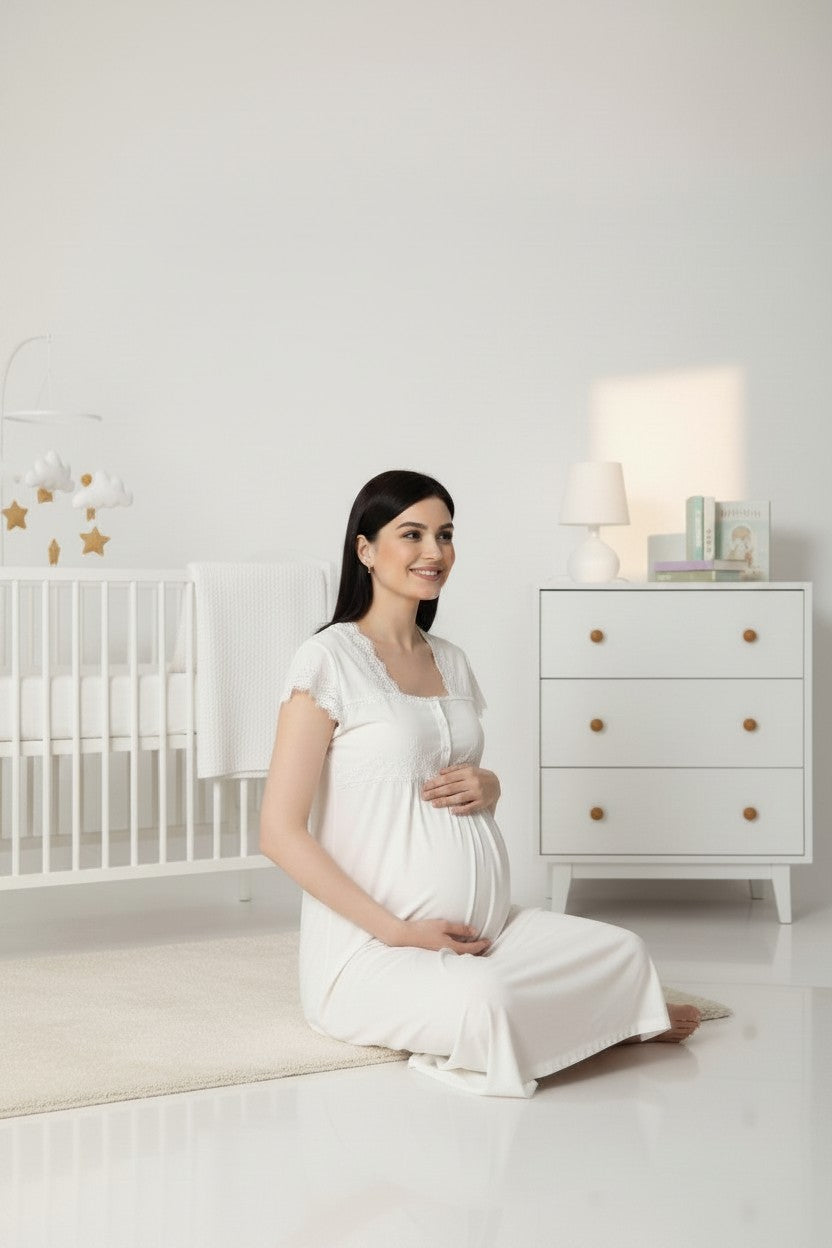 White maternity nightdress by Mini Plum – close-up of lace detail, soft cotton-modal fabric