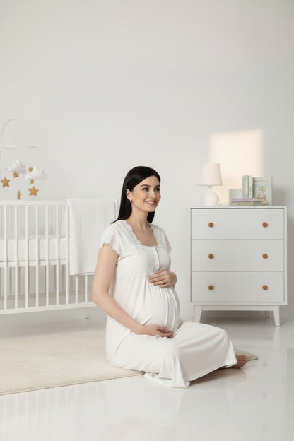 White maternity nightdress by Mini Plum – close-up of lace detail, soft cotton-modal fabric