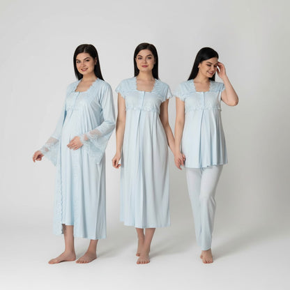 Blue 4-piece maternity set by Mini Plum – nursing nightwear with square neck, breastfeeding-friendly, hospital bag ready