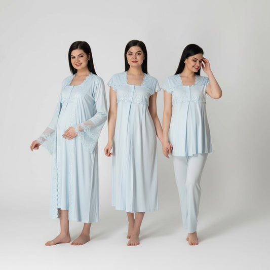 Blue 4-piece maternity set by Mini Plum – nursing nightwear with square neck, breastfeeding-friendly, hospital bag ready