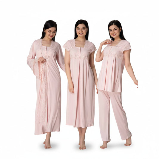 Pink 4-piece maternity set by Mini Plum – nursing nightwear with square neck, breastfeeding-friendly, hospital bag ready