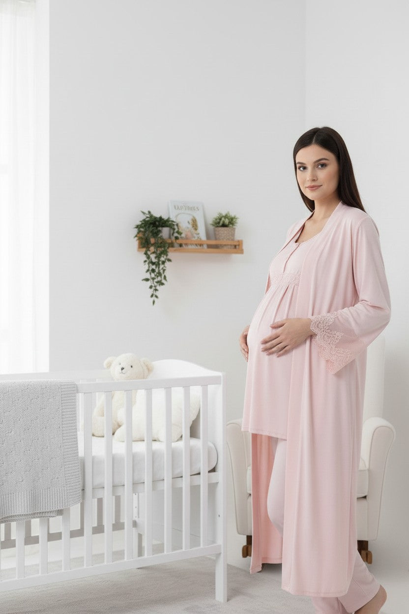 Pink 4-piece maternity set by Mini Plum – bump-friendly fit, side view