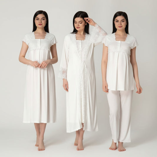 White 4-piece maternity set by Mini Plum – nursing nightwear with square neck, breastfeeding-friendly, hospital bag ready