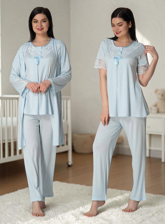Blue pyjama & robe set by Mini Plum – long-sleeve nursing nightwear with round neck, breastfeeding-friendly, hospital bag ready