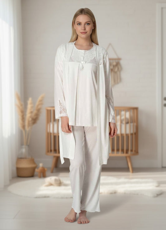 White pyjama & robe set by Mini Plum – long-sleeve nursing nightwear with round neck, breastfeeding-friendly, hospital bag ready