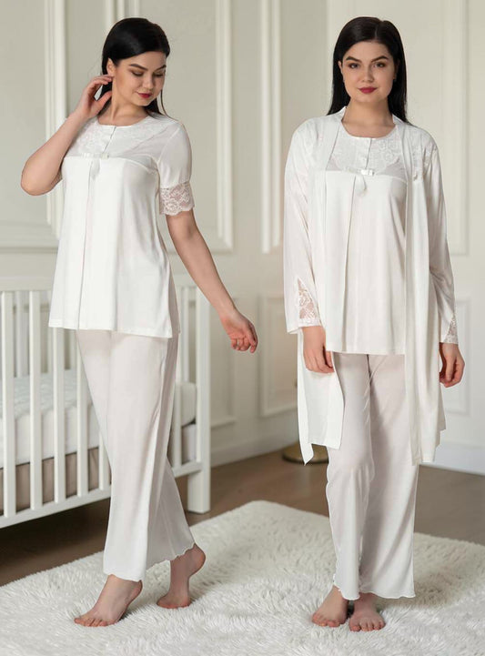 White pyjama & robe set by Mini Plum – lace detail and round neck, maternity & nursing