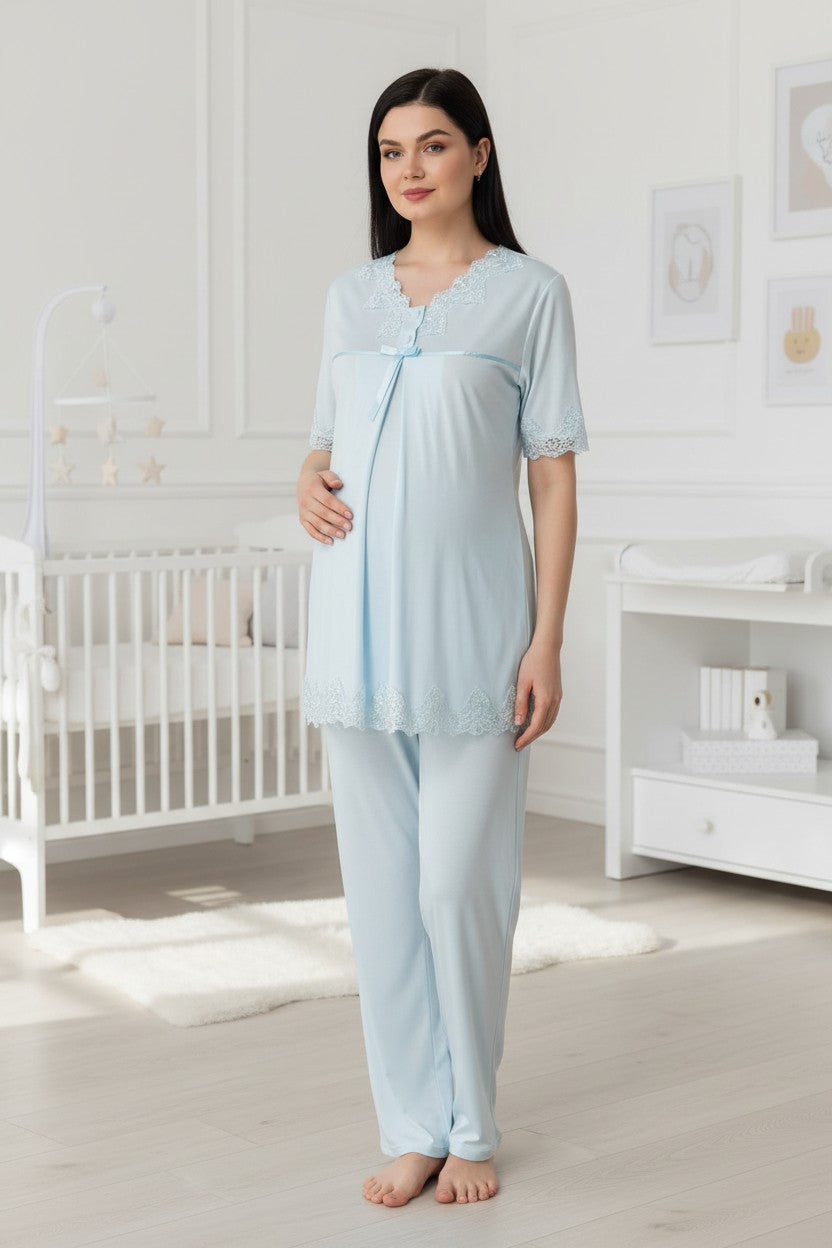 Blue maternity pyjamas by Mini Plum – short-sleeve nursing nightwear with V-neck, breastfeeding-friendly, hospital bag ready