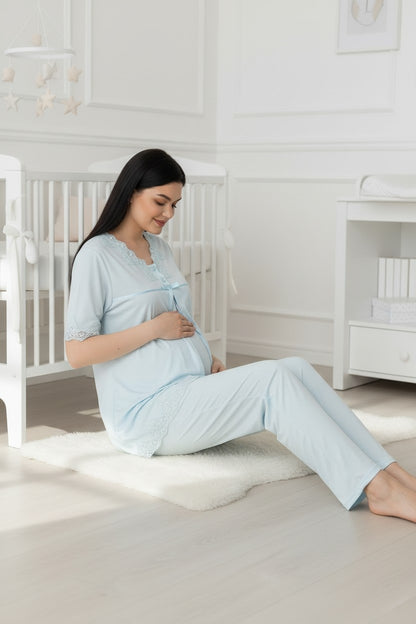 Blue maternity pyjamas by Mini Plum – lace detail and V-neck, maternity & nursing