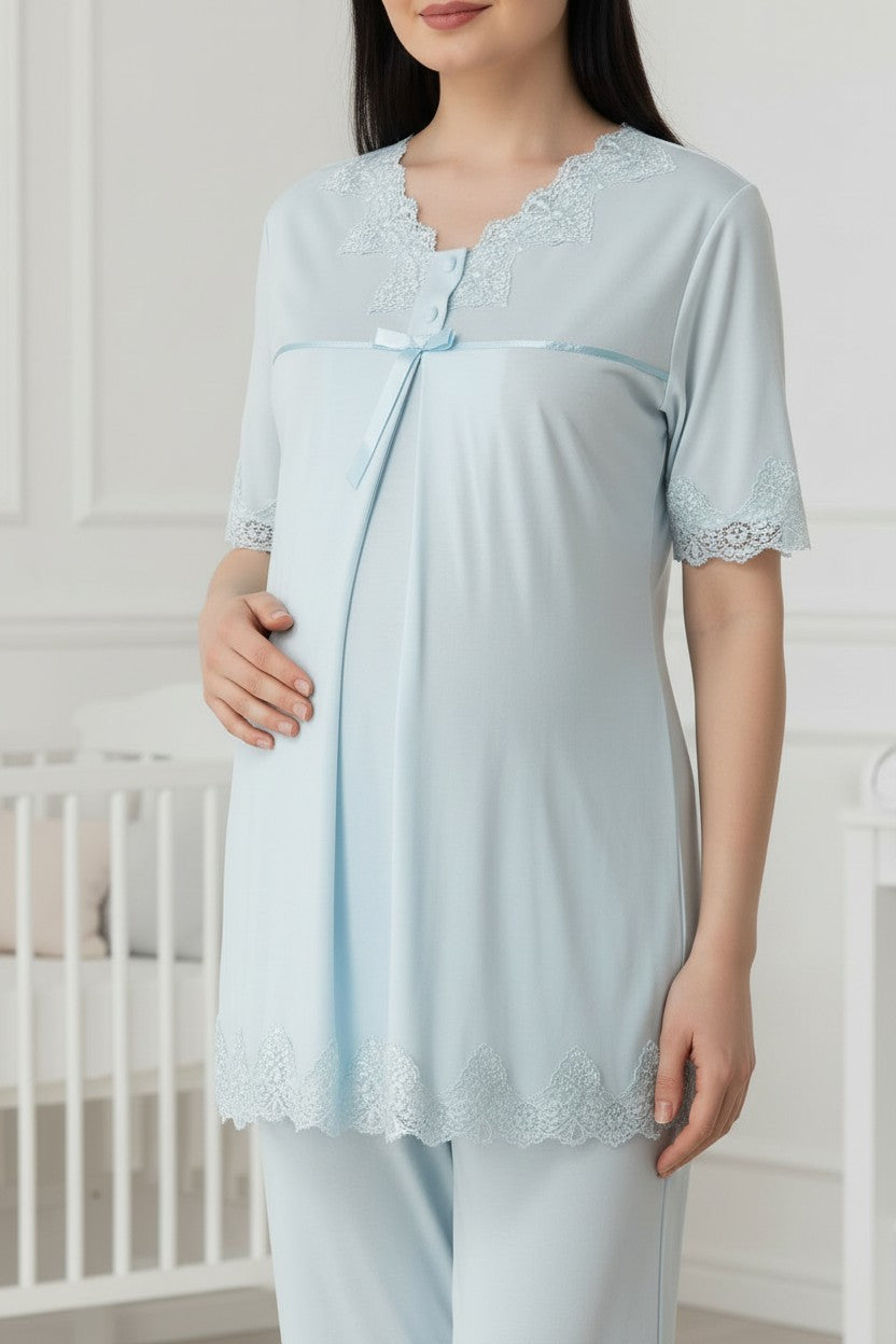 Blue maternity pyjamas by Mini Plum – short-sleeve with button-front nursing opening, side view