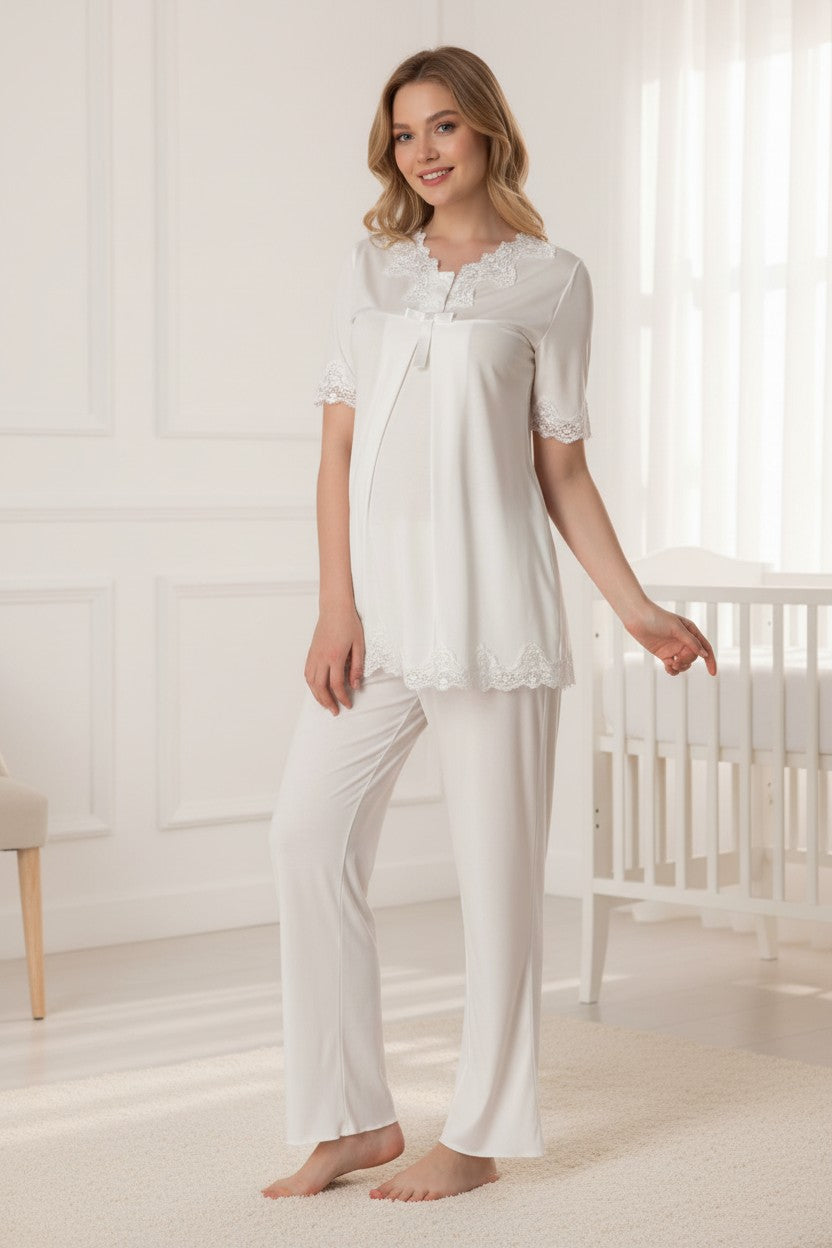 White maternity pyjamas by Mini Plum – lace detail and V-neck, maternity & nursing
