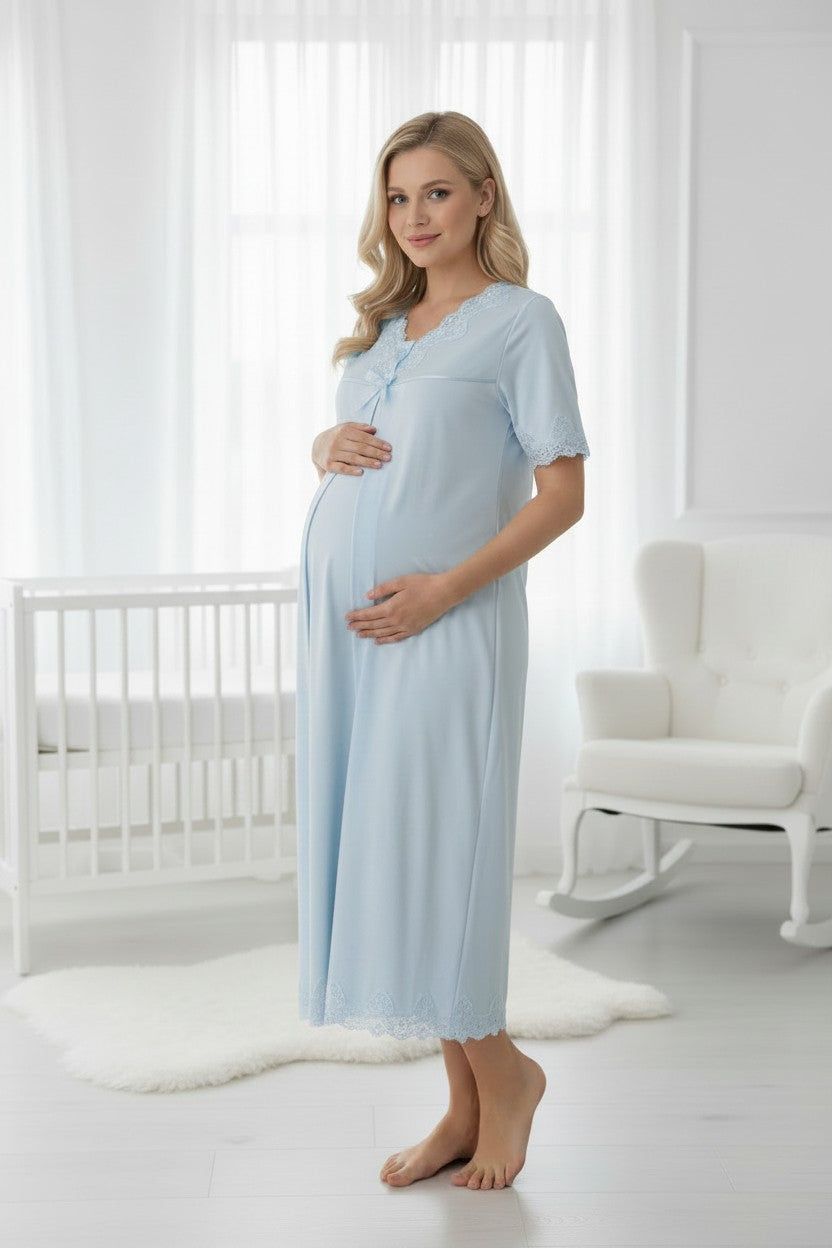 Blue maternity nightdress by Mini Plum – short-sleeve nursing nightwear with V-neck, breastfeeding-friendly, hospital bag ready