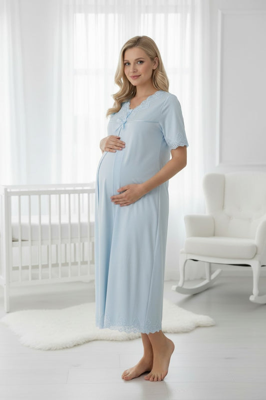 Blue maternity nightdress by Mini Plum – short-sleeve nursing nightwear with V-neck, breastfeeding-friendly, hospital bag ready