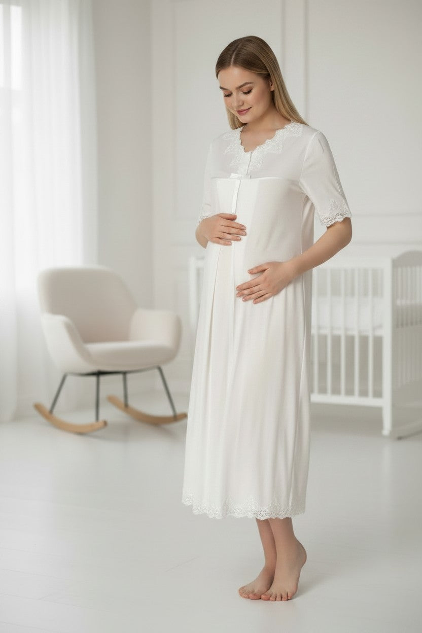 White maternity nightdress by Mini Plum – short-sleeve nursing nightwear with V-neck, breastfeeding-friendly, hospital bag ready