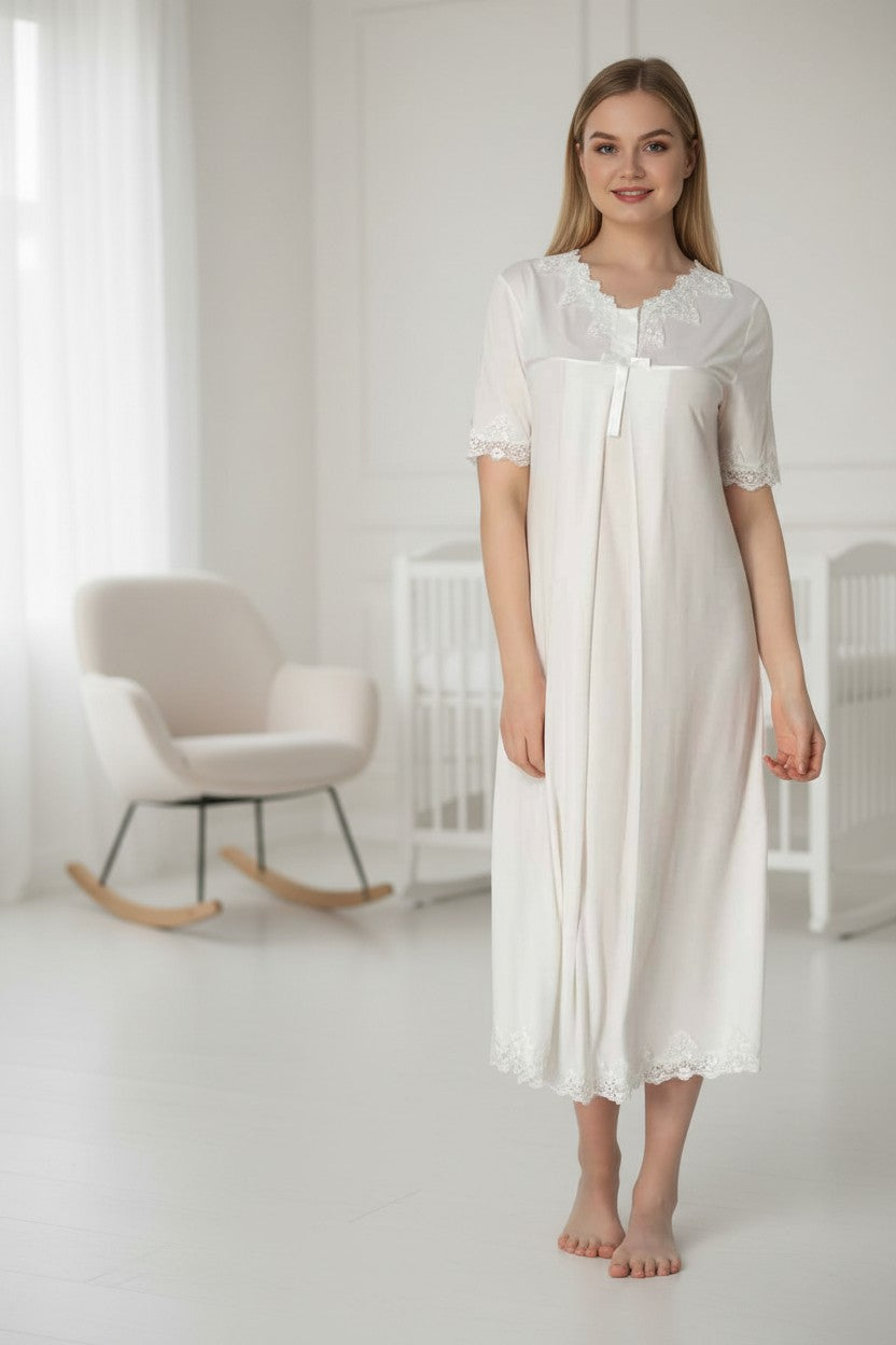 White maternity nightdress by Mini Plum – lace detail and V-neck, maternity & nursing