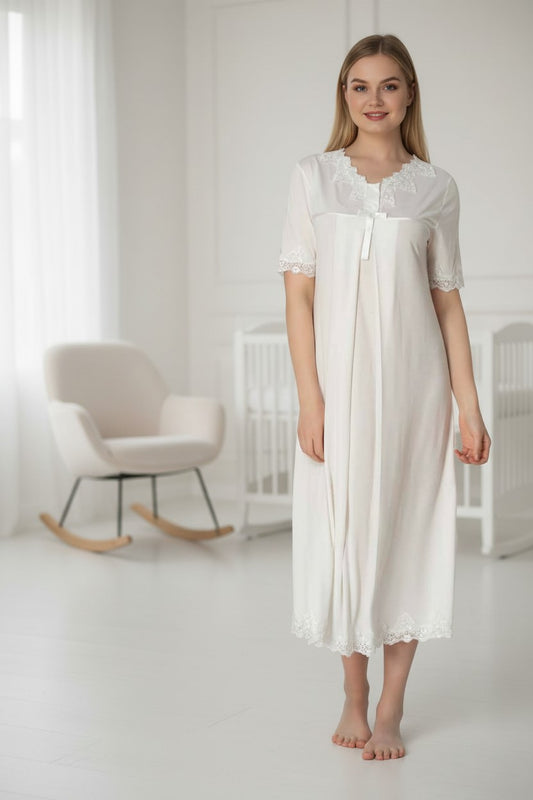 White maternity nightdress by Mini Plum – lace detail and V-neck, maternity & nursing