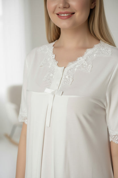 White maternity nightdress by Mini Plum – short-sleeve with button-front nursing opening, side view