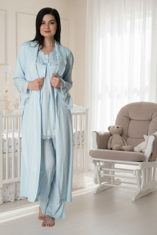 Blue pyjama & robe set by Mini Plum – long-sleeve nursing nightwear with V-neck, breastfeeding-friendly, hospital bag ready