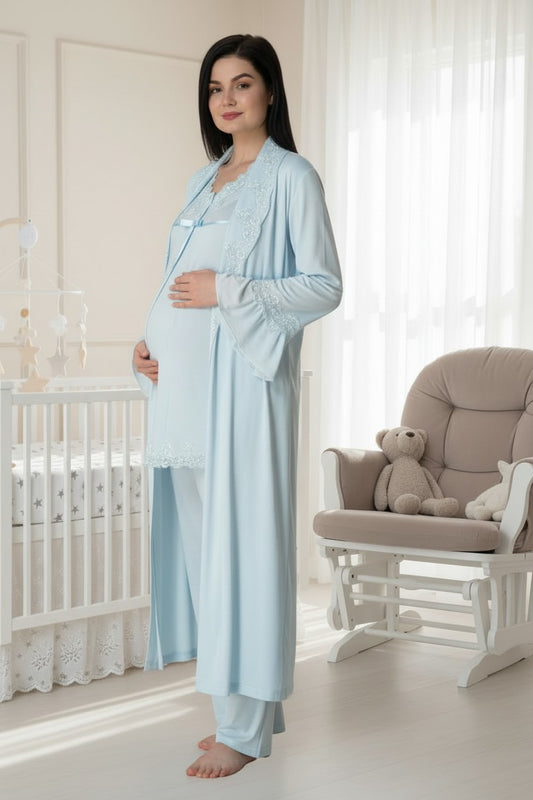 Blue pyjama & robe set by Mini Plum – lace detail and V-neck, maternity & nursing