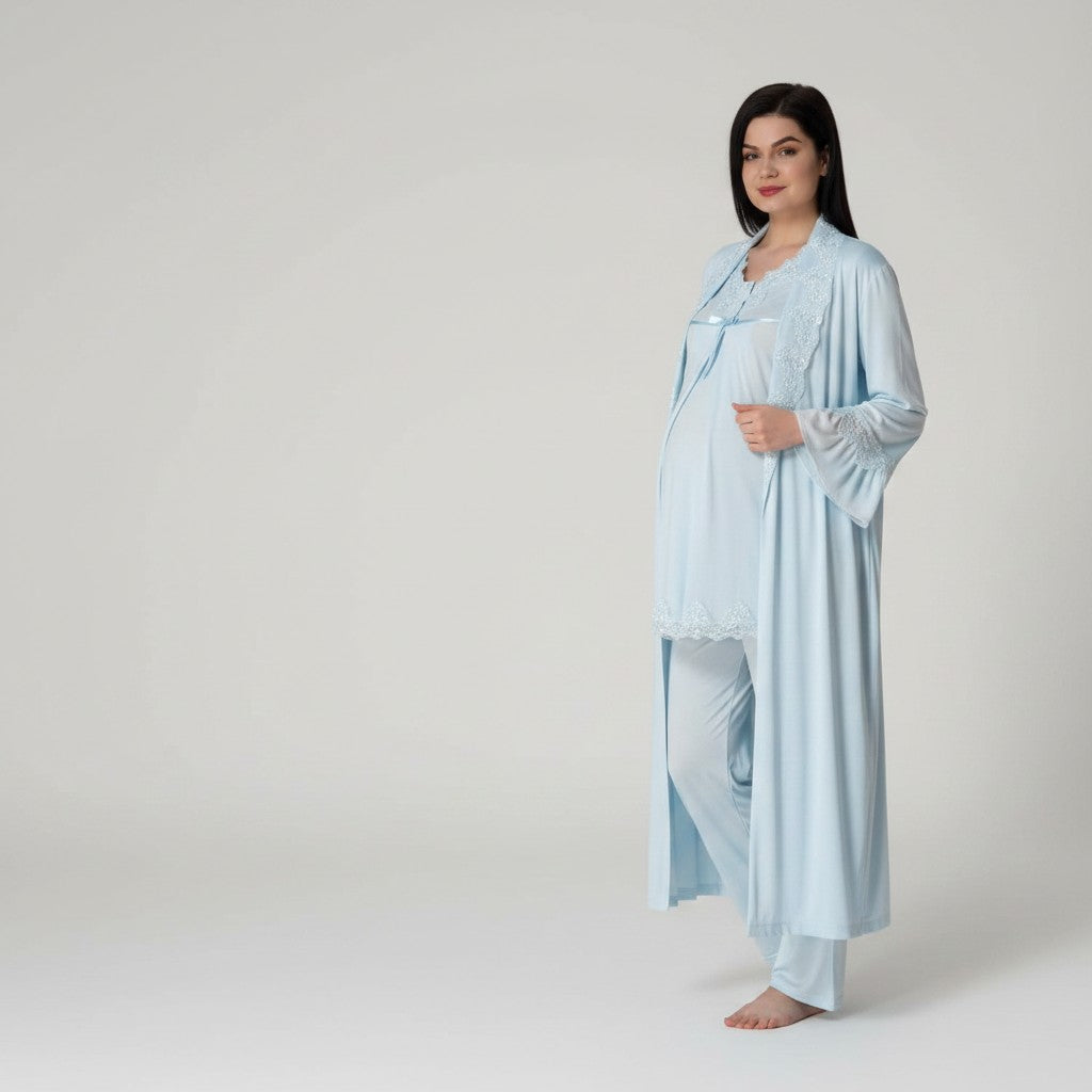 Blue pyjama & robe set by Mini Plum – long-sleeve bump-friendly fit, side view